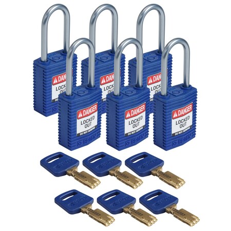 Brady Compact SafeKey Key Retaining Nylon Padlock 1.5 in Aluminum Shackle KD Blue 6PK CPT-BLU-38AL-KD6PK